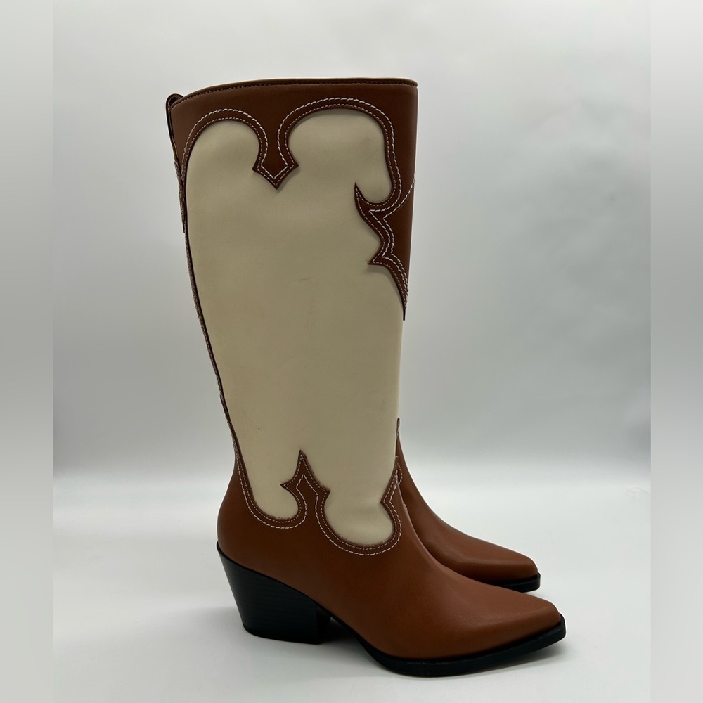 Zodiac Dawson Brown & Cream Vegan Tall Boots – Classic Western Beauty, Size 6M - Picture 3 of 13